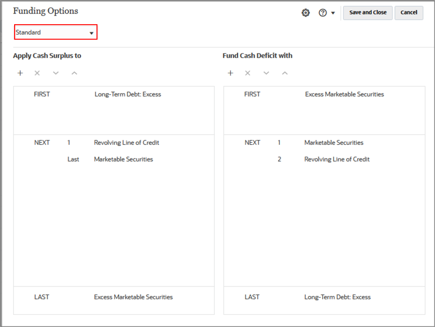 Opções de financiamento do método padrão